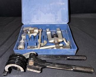 Pittsburgh Tube Bender & Imperial Tubing Tool Kit Assorted tubing tools featuring a Pittsburgh tube bender and an Imperial Eastman tubing tool kit. A useful shop lot for bending, flaring, and working with copper or other soft metal tubing.  Pittsburgh multi-size tube bender Imperial Eastman tubing tools with case Imperial flaring bar marked 3/8", 1/2" and 5/8" Additional flaring/clamping tools and adapters included Used condition with surface wear and light oxidation See photos for included pieces and condition   Market Insight & Estimated Market Value: Handy specialty tools for automotive, HVAC, refrigeration, plumbing, or home workshop use, with the older USA-made Imperial pieces adding appeal.    Estimated Market Value: $40–$70