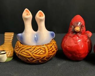 Vintage Bird Salt & Pepper Shaker Collection Three charming bird-themed salt and pepper shaker sets featuring bright red cardinals, small songbirds, and two baby birds nestled together in a ceramic nest.  3 sets / 6 shakers All retain their stoppers No noticeable chips or cracks Please see photos for condition and details Market Insight & Estimated Market Value: A sweet collection for bird lovers and vintage salt and pepper shaker collectors, with the nest set adding especially fun display appeal.  Estimated Market Value: $30–$50