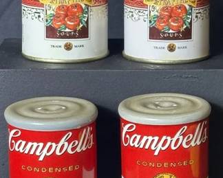 Campbell’s Soup Salt & Pepper Shaker Sets Two fun Campbell’s Soup collectible salt and pepper shaker sets featuring the iconic red-and-white soup can design. Includes one ceramic tomato soup can set and one metal canister-style set.  Ceramic set marked ©2005 CSC Metal set marked Giftco, Inc. Crazing and other age/use wear present Need cleaning See photos for condition and measurements Market Insight & Estimated Market Value: Classic Campbell’s advertising makes these a fun addition for kitchen décor, advertising memorabilia or salt and pepper shaker collectors.  Estimated Market Value: $20–$35