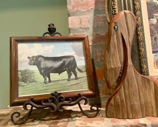 vintage print of an Aberdeen Angus bull by artist F. C. Murphy--notice the Pelican made from driftwood