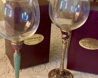 pair of Edgar Berebi "Catalina" limited edition stemware with museum gold plate finish, enamel and Swarovski crystals.  This photo shows the crystal bowl for red wine, but they come with interchangeable white wine bowls