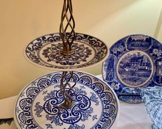 blue and white two tiered tidbit tray