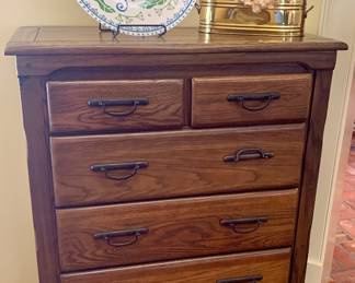 solid wooden chest of drawers and blue and green painted shrimp design platter by artist Denise Gallagher