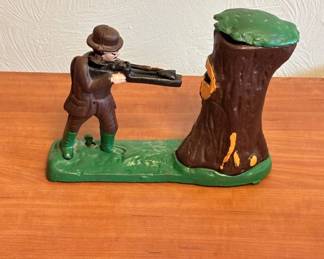 Lot #42 Antique Cast Iron Mechanical Bank Hunter Shooting Tree Stump Late 1800s