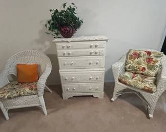Lot #100 White Wicker Armchair Cottage Porch Chair Floral Cushion Orange Pillow Included