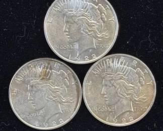 Lot #12 1922 Peace Silver Dollar 90% Silver Coin Lot of 3 US Mint Antique Currency