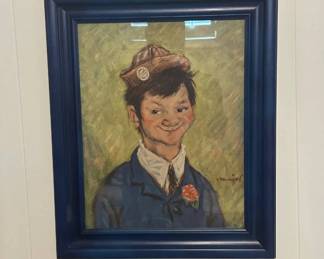 Lot #75 Vintage Oil Painting Smiling Boy Portrait Signed Major Blue Frame Mid Century