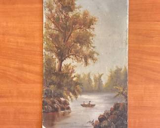 Lot #94 Antique Oil on Devoe Academy Board River Landscape Figures in Rowboat c.1870-1898