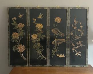 Lot #166 Chinese Black Lacquer 4-Panel Wall Art Set 3D Carved Floral Birds Four Seasons