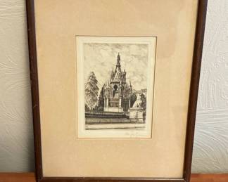 Lot #93 Signed Etching Brunswick Monument Geneva Gothic Architecture Lion Statue Framed