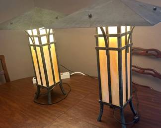 Lot #130 Pair Arts & Crafts Mission Style Table Lamps Slag Glass Panels Verdigris Metal