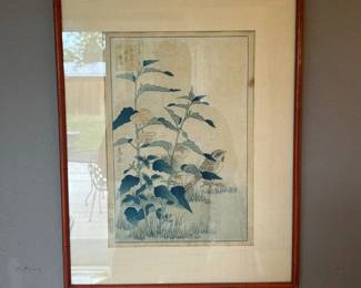 Lot #158 Japanese Woodblock Print Bird Flower Botanical Ukiyo-e Framed Bamboo Frame