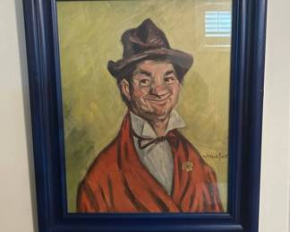 Lot #73 Signed Oil Painting Portrait Smiling Man Red Coat Brown Hat Framed Vintage Art