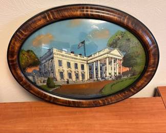 Lot #108 Antique White House Washington DC Reverse Glass Painting Oval Tortoiseshell Frame