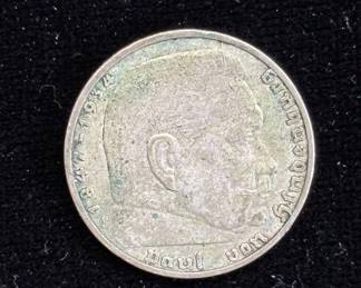 Lot #8 1937 German Third Reich 2 Reichsmark Silver Coin Hindenburg Mint Mark A