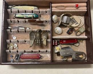 Lot #66 Vintage Jewelry Box Lot Old Timer Pocket Knife Victorinox Brass Eagle Sears Colorado