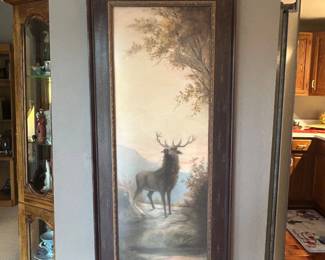 Lot #162 Antique Elk Stag Landscape Oil Painting Vertical Framed Wildlife Art Western