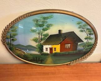 Lot #110 Vintage Oval Convex Glass Cottage Landscape Wall Art Gold Leaf Frame Mid Century