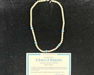 Lot #23 Danbury Mint A Touch of Turquoise Cultured Freshwater Pearl 925 Silver Necklace COA