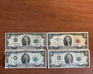 Lot #44 US $2 Two Dollar Bill Lot 4 Notes 1963 Red Seal Legal Tender 1976 FRN