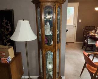 Lot #81 Lighted Oak Curio Cabinet Glass Shelves Mirrored Back Display Case 1980s with contents included