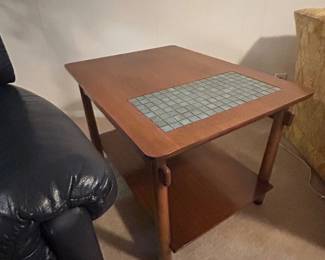 Lot #109 Mid Century Modern Walnut End Table Turquoise Ceramic Mosaic Tile Top Lower Shelf 1960s
