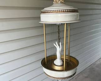 Lot #125 Vintage 1970s Rain Oil Drip Swag Hanging Lamp Ceramic Hand Figurine Gold White