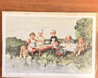 Lot #123 R. Högfeldt Antique Color Lithograph Print Caricature Outdoor Dining Scene