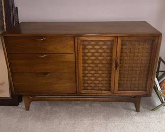 Lot #143 Mid Century Modern Walnut Credenza Sideboard Woven Panel Doors 3 Drawers 1960s