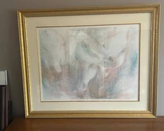 Lot #142 Signed AP Horse Lithograph Print Pastel Watercolor Style Framed 1986 Equine Art