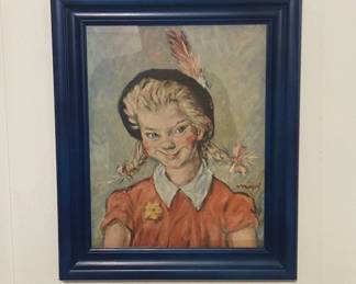 Lot #76 Signed Major Oil Painting Portrait Blonde Girl Braids Feathered Hat Mid Century