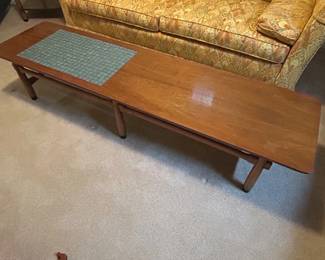 Lot #107 Mid Century Modern Walnut Coffee Table Inlaid Turquoise Mosaic Tile Top 1960s