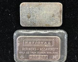 Lot #20 Manitou Springs Colo .999 Silver Bar & National Refiners Assayers Half Oz Troy 999+ Fine Bar 47.6g