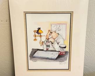 Lot #133 "The Architect" Signed Watercolor Print Cat Crow Tinker Toys Humorous Wall Art