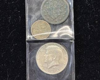 Lot #18 1964 Kennedy Silver Half Dollar Liberty Nickel Indian Head Cent 3-Coin Lot