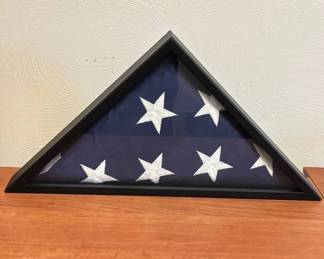 Lot #116 Military Funeral Flag Triangle Display Case Black Wood Frame with US Flag