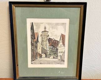 Lot #88 Helmut Artist Hand-Colored Etching German Medieval Town Clock Tower