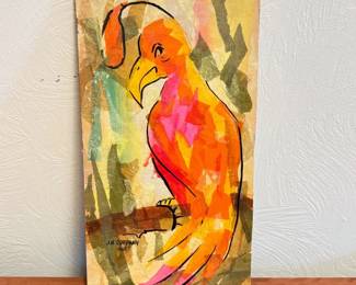 Lot #129 J.N. Corpany 1967 Mid Century Modern Parrot Mixed Media Collage Painting