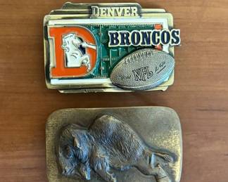 Lot #83 Denver Broncos NFL Enamel Belt Buckle & Brass Buffalo Bison Belt Buckle Lot