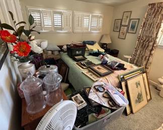 Lot #179 Estate Bedroom Lot: Framed Art, Oak Dresser, Lamp, Percolator, Glass Jars, Decor