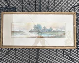 Lot #151 Vintage Watercolor Painting Coastal Landscape Sailboat Cottage Gold Frame Matted