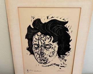 Lot #139 Irving Amen Signed Woodcut Print Beethoven Portrait 109/200 Limited Edition