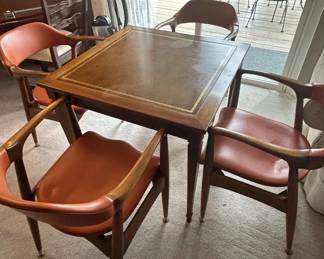 Lot #175 Mid Century Modern Walnut Game Table 4 Chairs Gold Tooled Leather Top 1960s