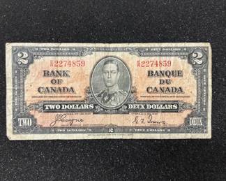 Lot #67 1937 Bank of Canada Two Dollar Bill King George VI E/R 2274859 Coyne Towers