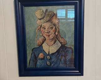 Lot #74 Vintage Oil Painting Female Portrait Signed Blue Framed Mid Century Original Art