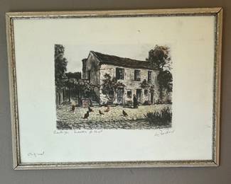 Lot #170 Signed Hand-Colored Etching Barbizon Maison de Corot French Farmhouse Print