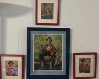 Lot #77 Vintage Framed Lithograph Prints Set 4 Easy Does It Gay Philosopher Fishing