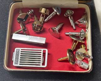 Lot #65 Vintage Men's Cufflinks Lot Gold Silver Tone Tie Bar Cashier Money Clip Mid Century