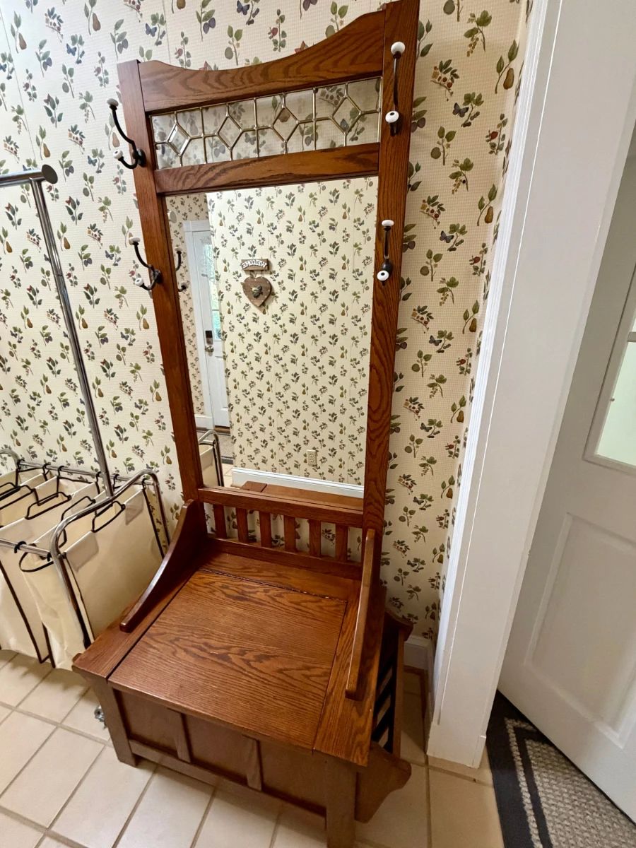 Antique Arts Crafts Mission Oak Hall Tree with Mirror and Leaded Glass