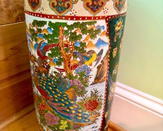 Japanese Satsuma Porcelain Umbrella Stand with Peacock Motif